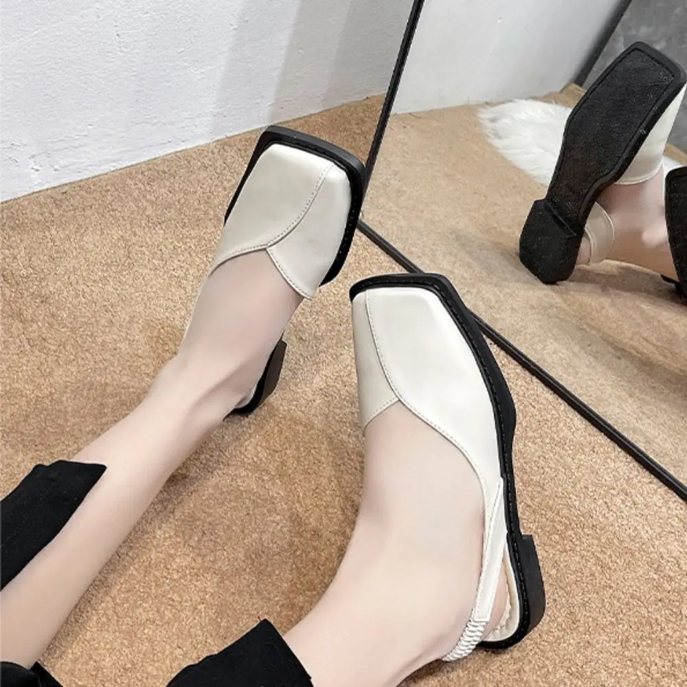 Casual Elastic Strip Ladies Sandals Fashion Leather Square Toe Single Shoes Solid Color Flat Heel Women Shoes Spring