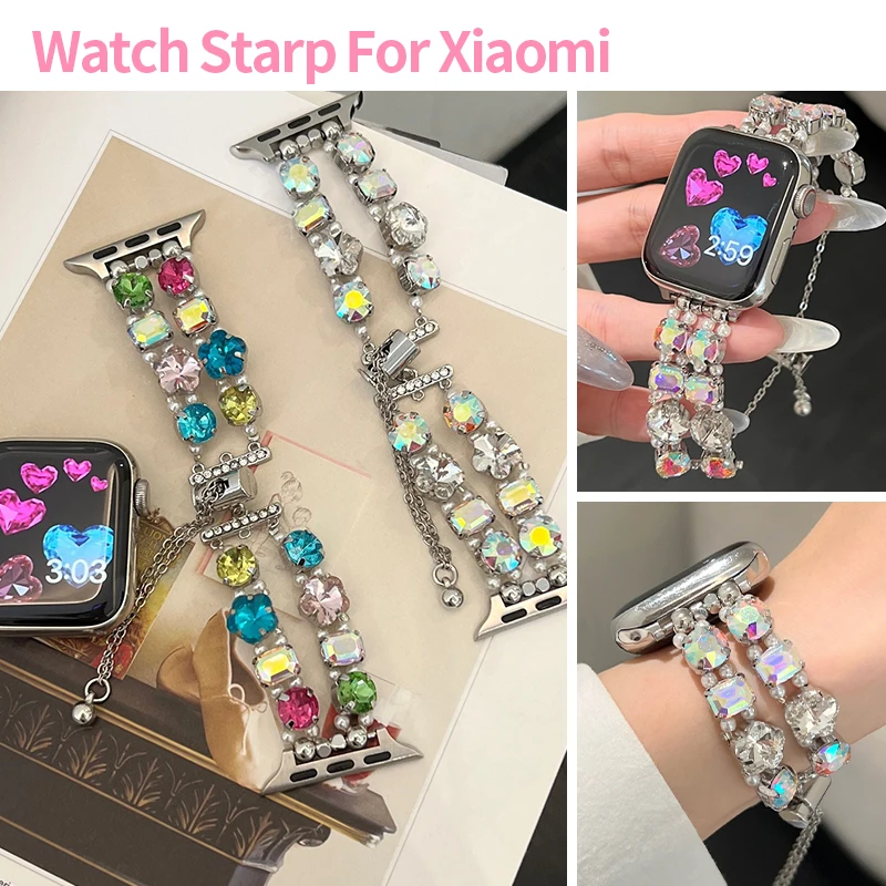 Luxury Double Row Rhinestone Pearl Bracelet Strap for Mi Band 10 9 8 Pro Colorful Crystal Diamond Wristband for Redmi Band 6 5 4