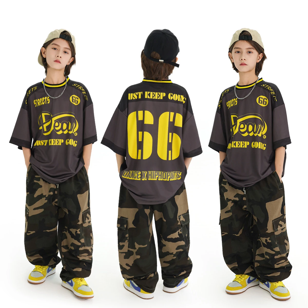 Street Dance Jongens Jazzdans Kostuums Losse Sport Print T-shirt camouflage Broek Hip Hop Dansvoorstelling Stadiumkostuums DN21236