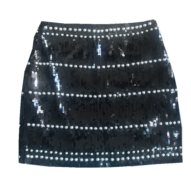 

Black Skirt Heavy Industry Willow Nail Sequin Wrap Hip Skirt Elastic Slim Skirt New Style In Europe and America