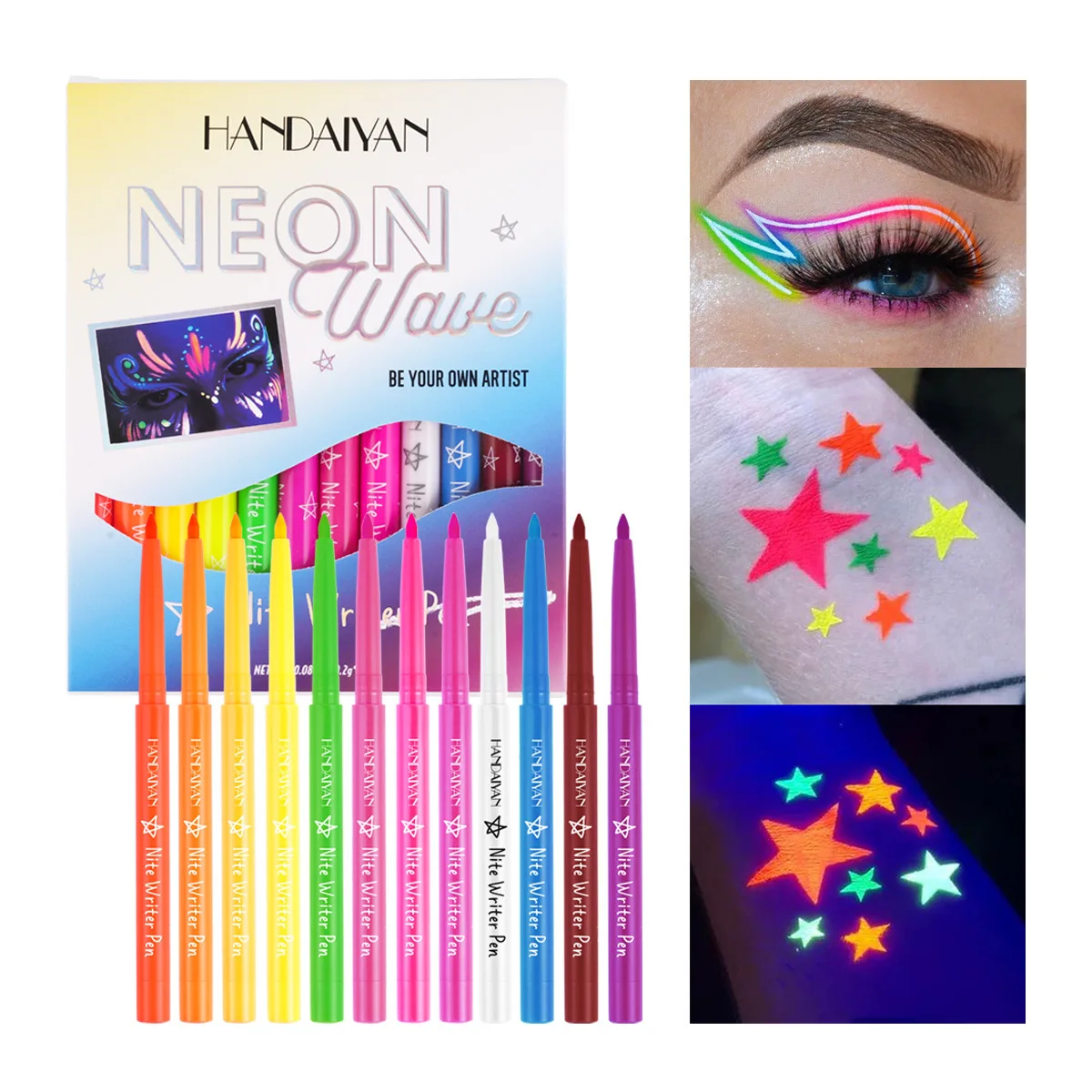 Neon Wave Nite Writer Pen Face Paiting Pen Set UV Glow Neon Makeup Trend, Long-lasting and Safe Formula, 0.2g*12