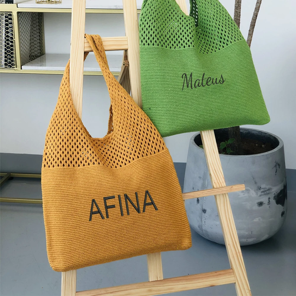 Personalized Name Knitted Fashion Simple Tote Bag Customized Retro Hollowed Out Shoulder Bag Women\'s Handbag Wool Shopping Bags