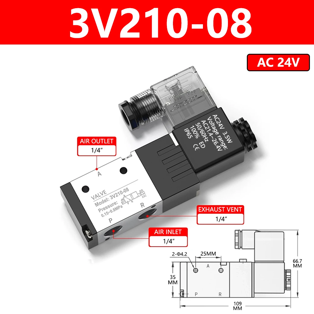 ABILKEEN 2V210-06/08 Air Solenoid Valves Normally Closed 3 Way 2 Position Pneumatic Solenoid Valve 12V 24V 36V 110V 220V