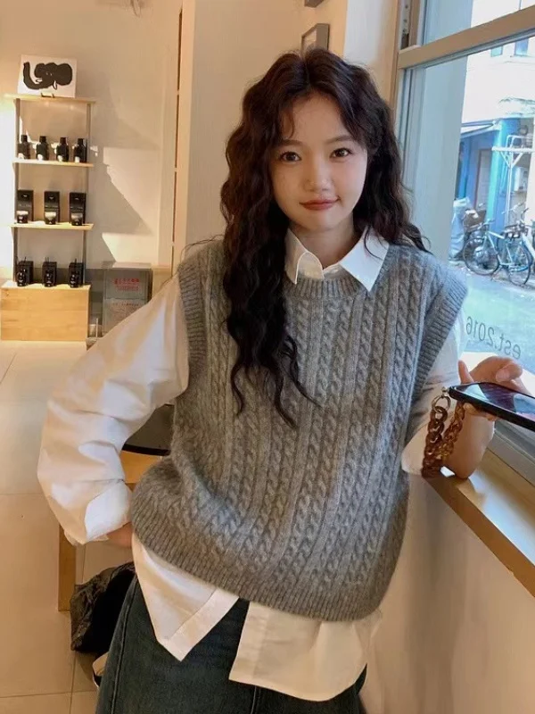 

Новый простой элегантный шерстяной вязаный жилет 00, женская свободная верхняя одежда Thiened Twist, свитер с плечами, многослойный свитер для поездок на работу, чистый ...