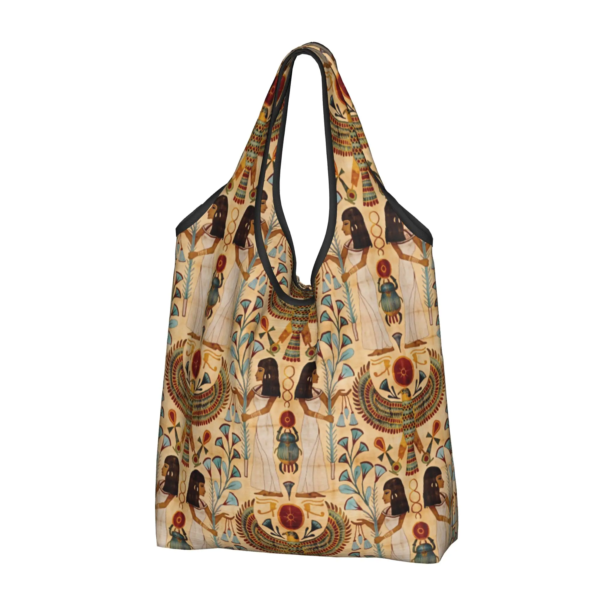 Kawaii Egyptian Scarab Beetle Papyrus Ankh Shopping Tote Bag Portable Wedjat Eye Twin Goddesses Grocery Shoulder Shopper Bag