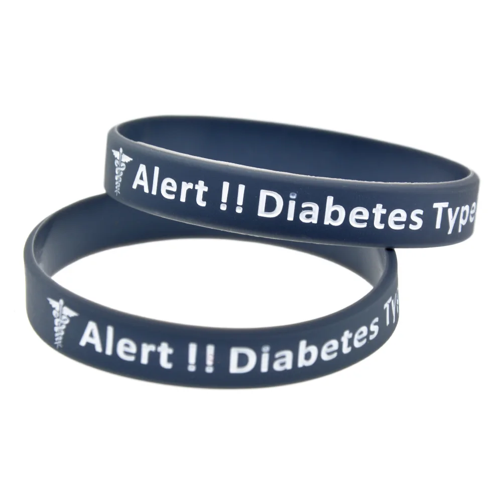 Alert Type 2 Diabetes Silicone Rubber Wristbands Medical Bangle Adult Size 4 Pcs