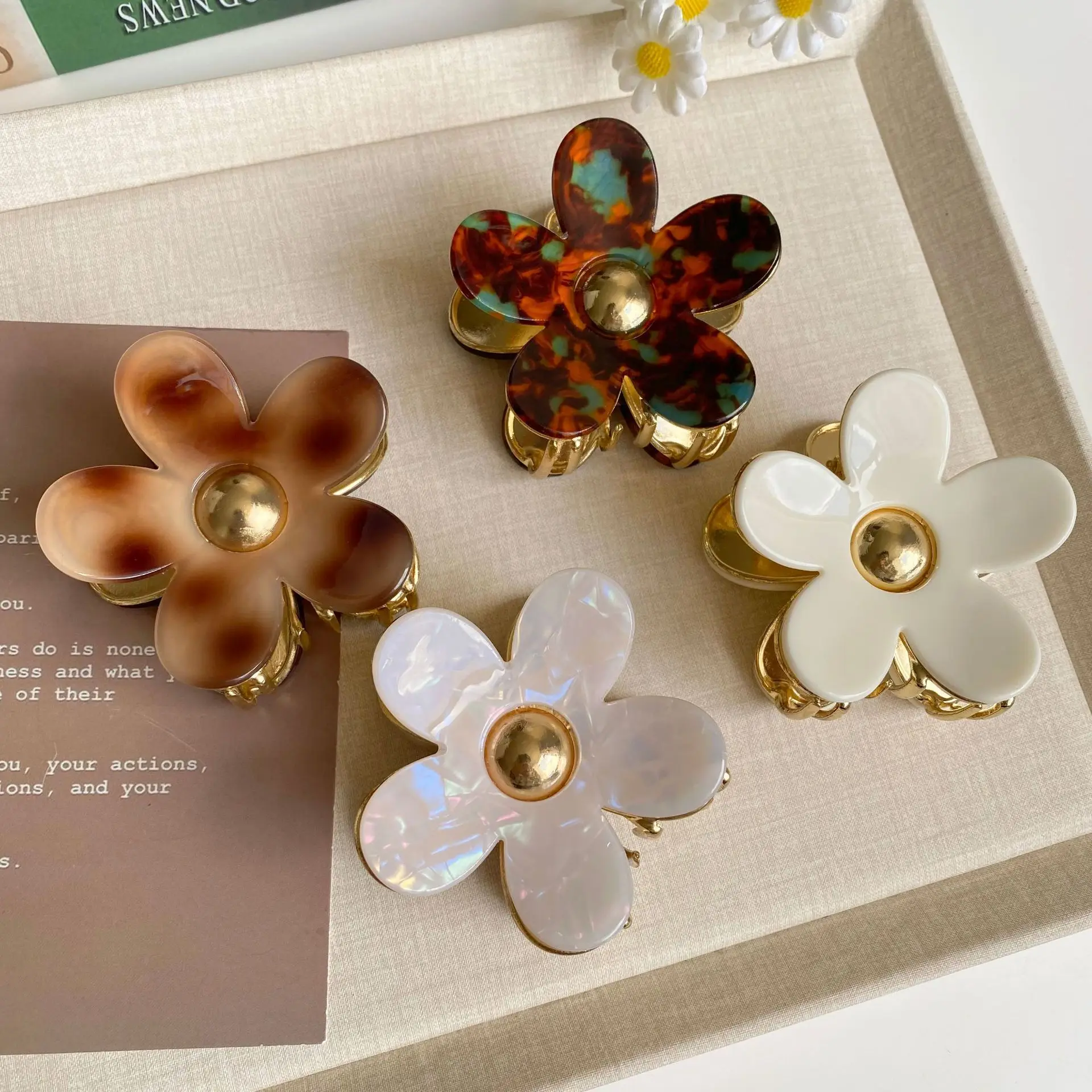 1pc Acetate Flower Hair Claw Minimalist Five Petal Shark Clip for Women Back of Head Bun Holder Simple Stylish Daily