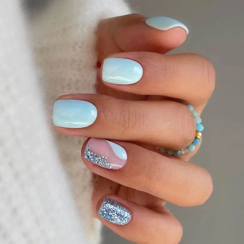 

24pcs Sky Blue French Press-On Nails - Crystal Glitter Tips Short Oval Iridescent Minimalist Style False Nail For Women Girl
