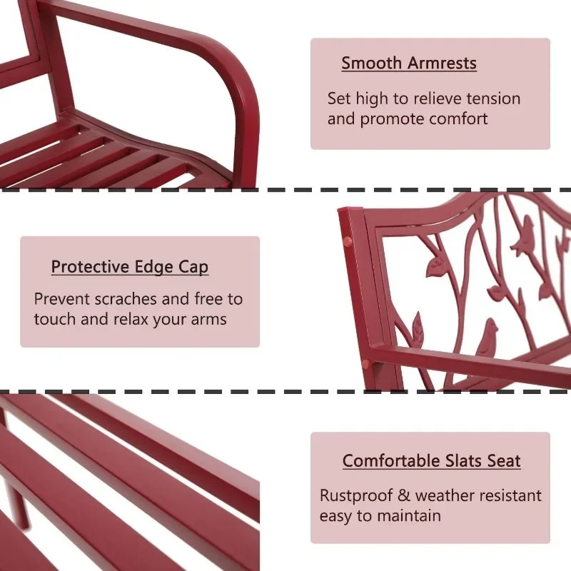 MFSTUDIO 야외 정원 벤치, 강철 금속 프레임 파티오 공원 벤치, 새 패턴 등받이, 베란다, 뒷마당, 잔디용 50 인치