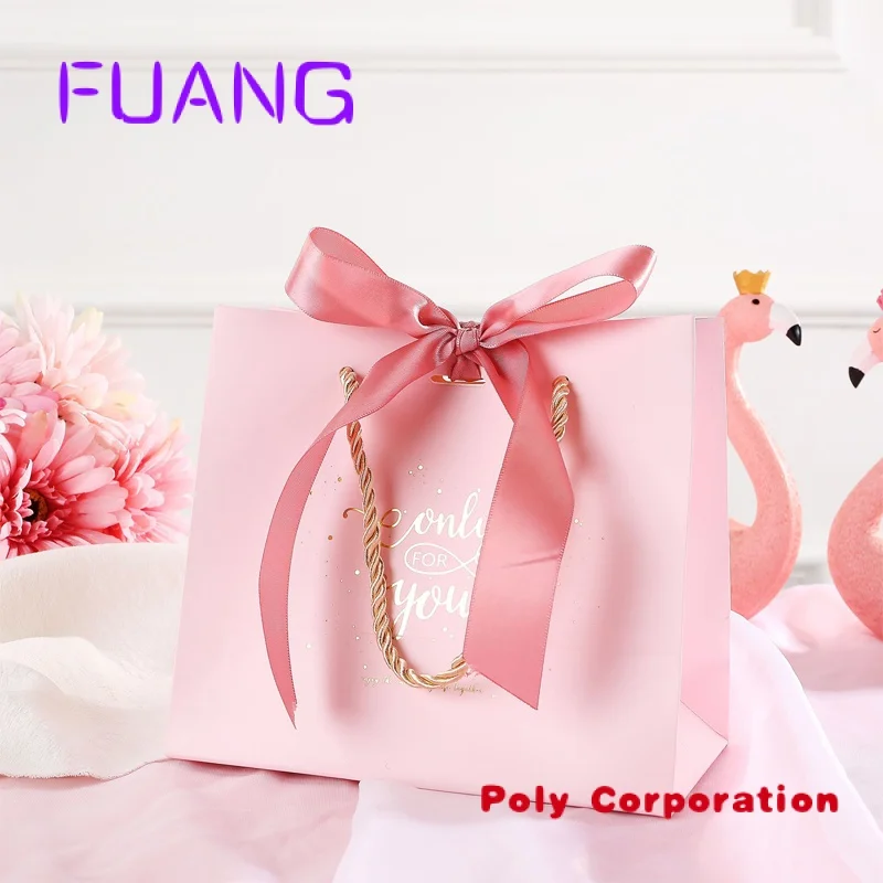 Custom  Factory Price Custom Logo Printed Pink Packaging Paper Bag With Handle And Ribbon gift shopping bag