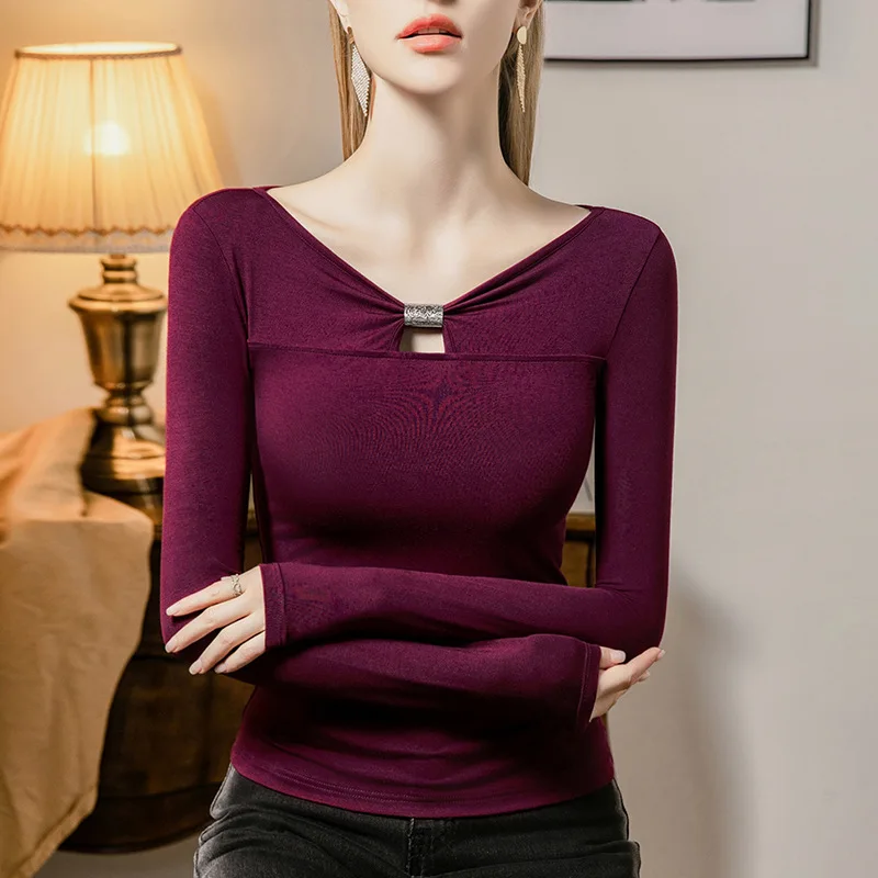 BOWEYLUN, осенняя новая футболка с v-образным вырезом и длинными рукавами, женская ретро-футболка с металлическими украшениями, однотонная нижняя рубашка, блузка, женская