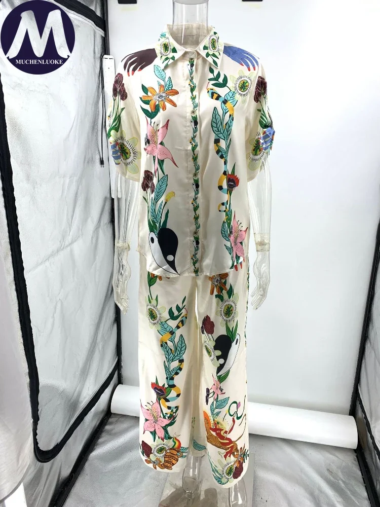 2 Piece Sets Women Outfit Summer New Bohemian Style Printing Half Sleeve Shirt Suits Fashionable Casual Loose Wide Leg Pant Set