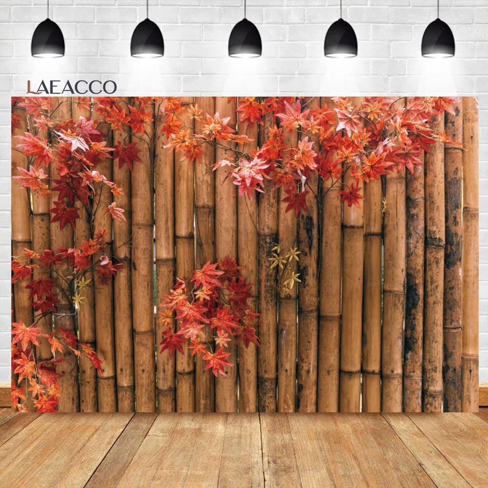 

Laeacco Rustic Bamboo Plank Fence Wood Texture Backdrop Autumn Maple Leaf Wooden Board Kid Adult Portrait Photography Background