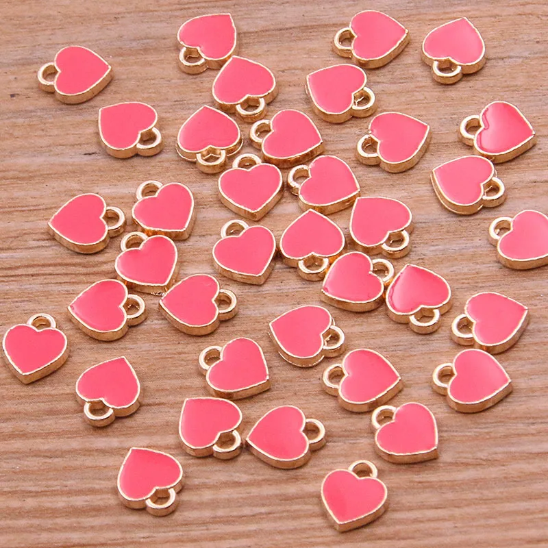 50PCS 6*8mm 10 Color Alloy Metal Drop Oil Small Heart Charms KC Gold Pendant For DIY Bracelet Necklace Jewelry Making