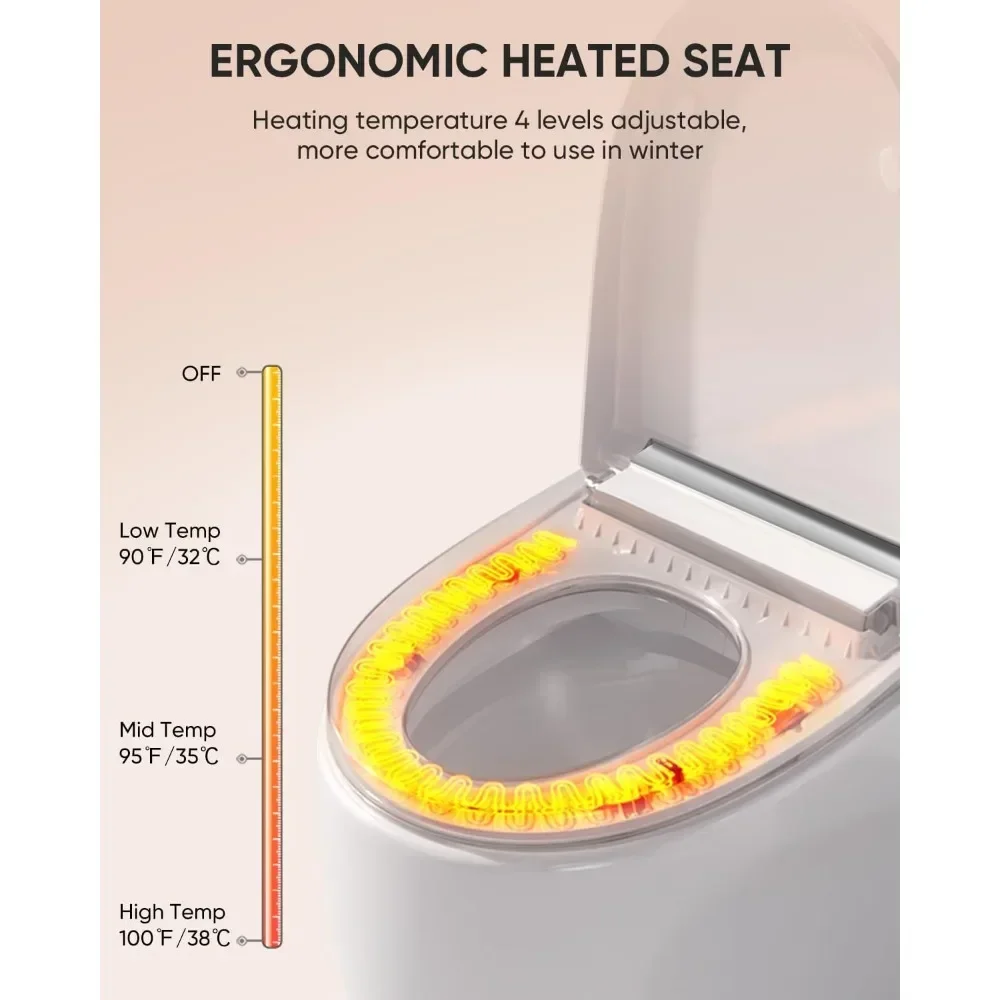 Smart Toilet with Built-in Heated Seat, Tankless Toilet with Auto Flushing, Adjustable Seat Temp, Flush Remote Control,Elongated