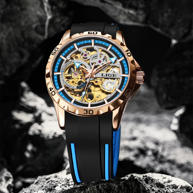 LIGE Brand Luxury Mechanical Man Watch Hollow Automatic Tourbillon Self Winding Silicone Watches Waterproof Casual Sports Clock