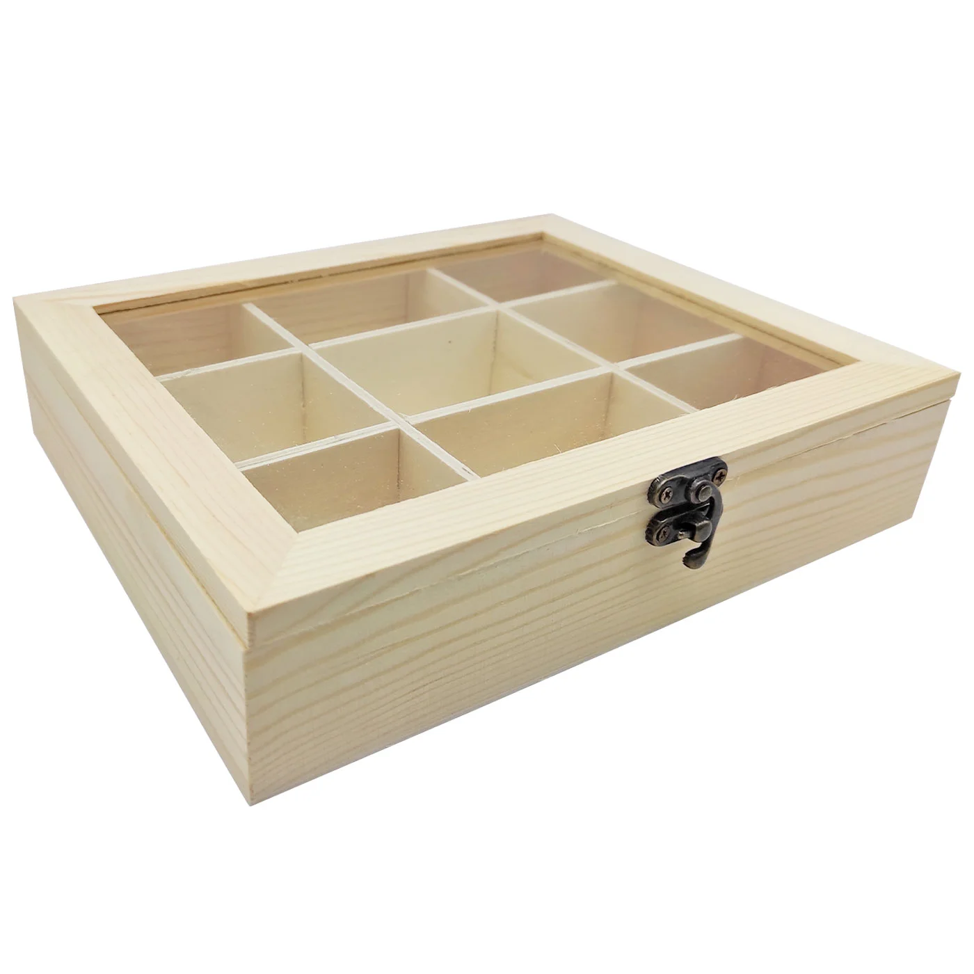 Tradineur 9-compartment wooden box with glass lid, jewelry display, organizer, jewelry box, necklaces, watches,