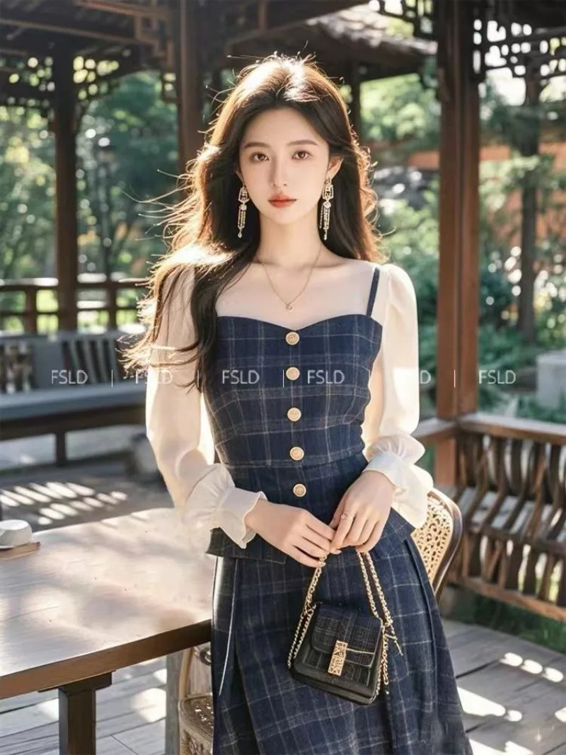 

New Elegant Plaid Skirt Suit Women Vintage Fashion Patchwork Long Sleeve Top + High Waist A-line Skirts Two Piece Sets Outfit
