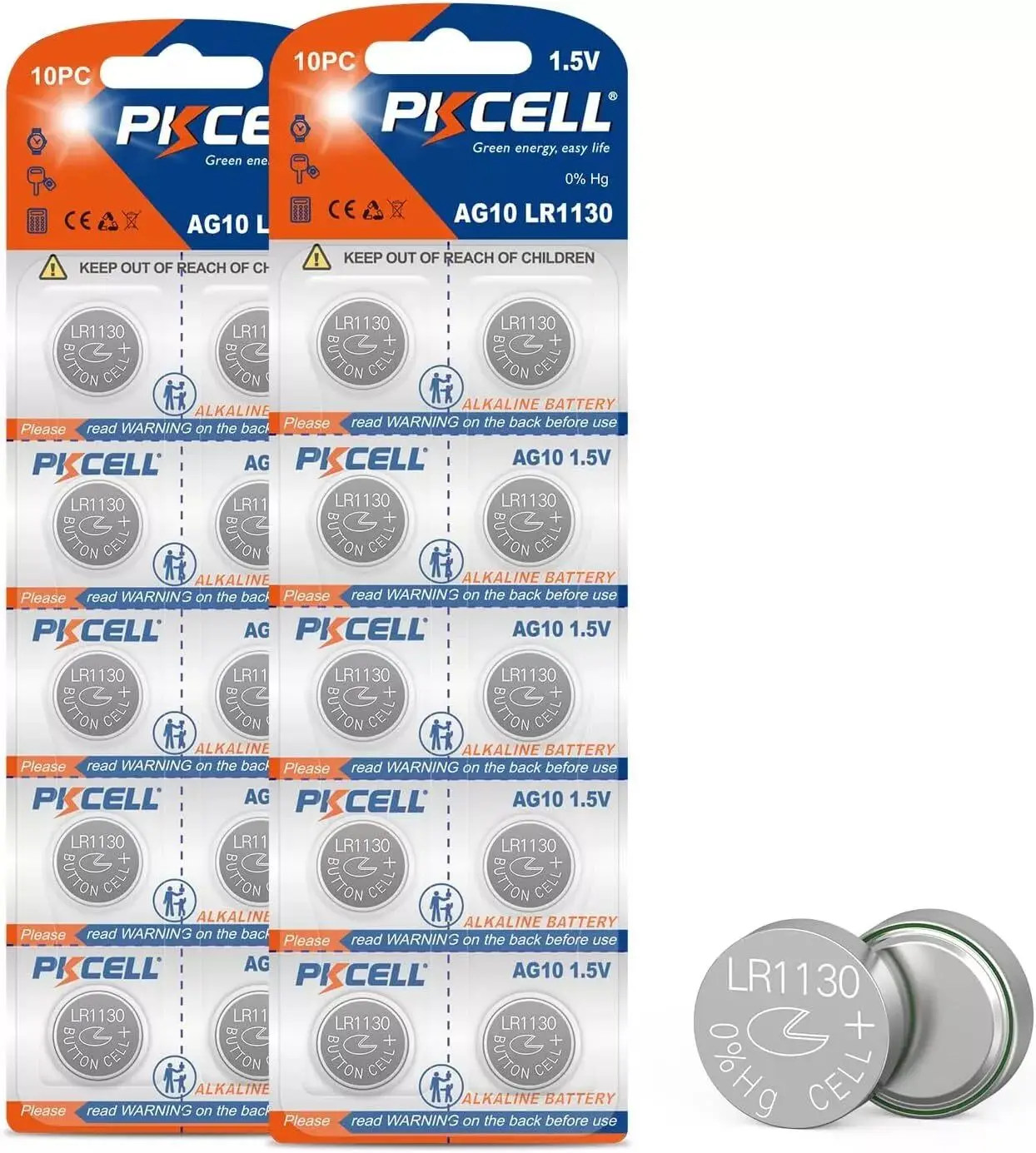 PKCELL 20Pcs LR1130 Battery LR54 AG10 389 390 Button Cell Battery 1.5V Alkaline Button Batteries for Thermometers Watches