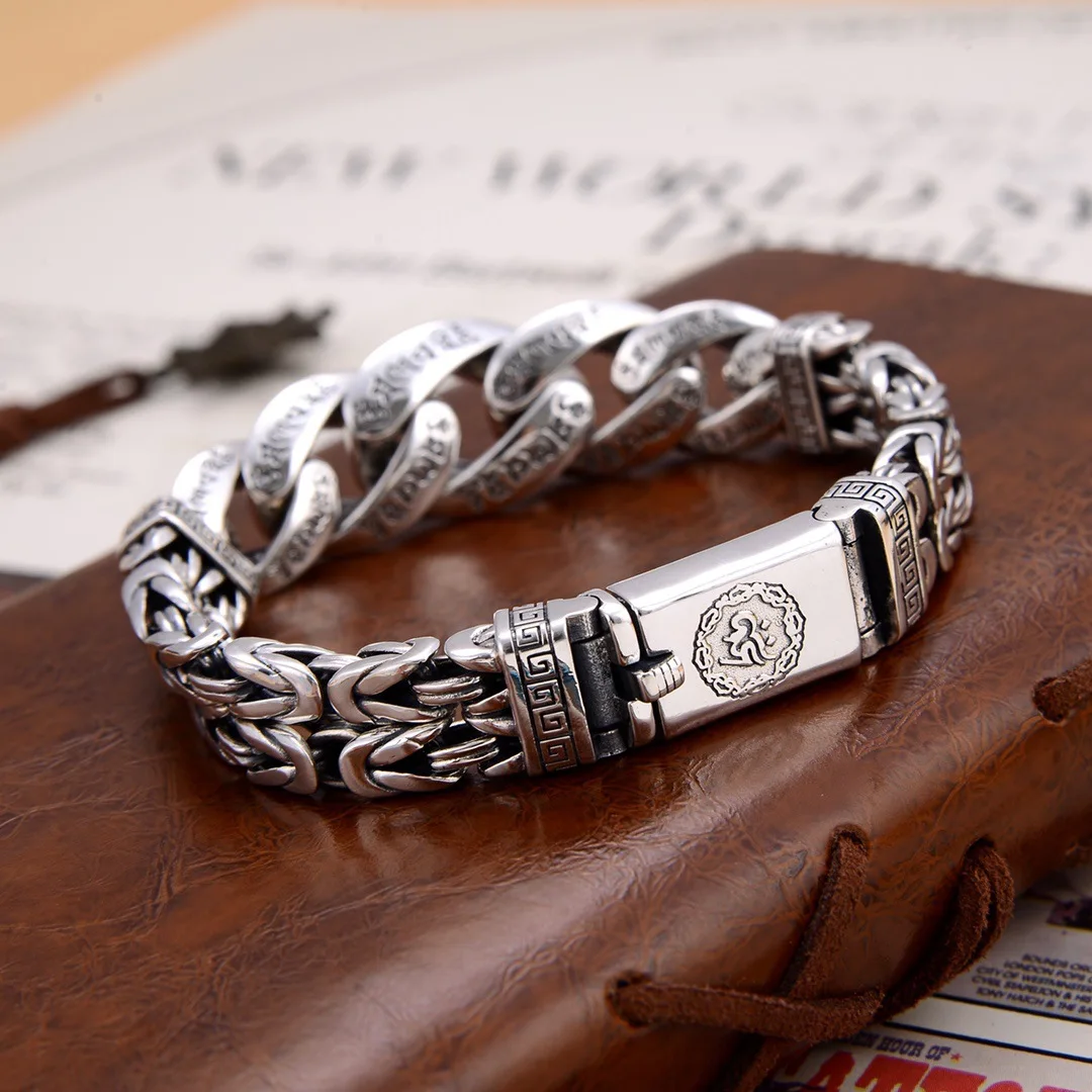 S925 Sterling Silver Original Certified Six-Character Mantra Woven Men's Bracelet Retro Domineering Men's Personality Chain