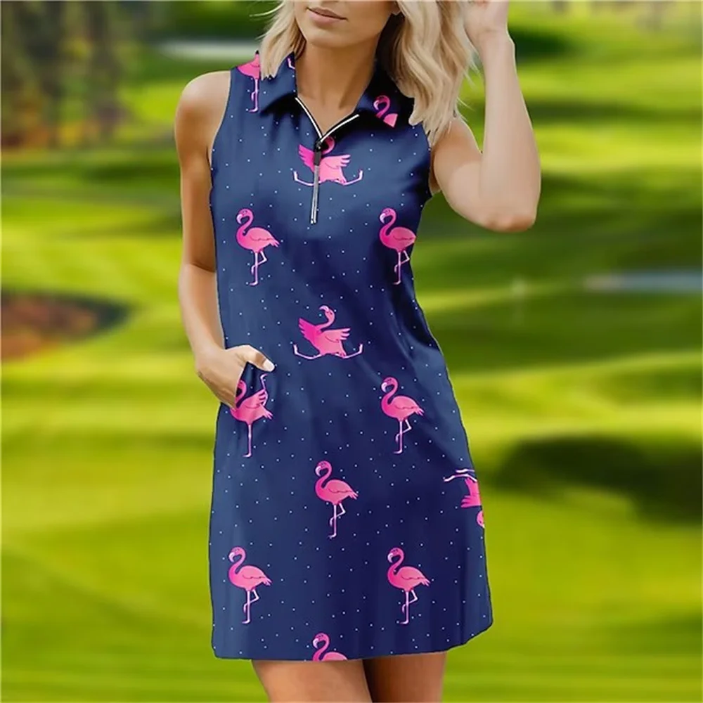 Summer Women's Golf Fashion Flamingo Print Sleeveless Dress Casual Fitness Breathable Quick Drying Sportswear Dress