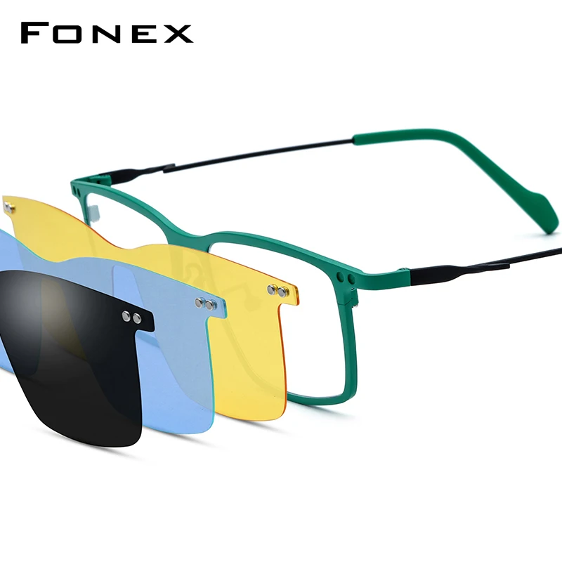 FONEX Titanium Glasses Frame Men 2026 Japanese Eyewear Square Magnet Clip on Eyeglasses with Night Vision & Polarized Lens 85796