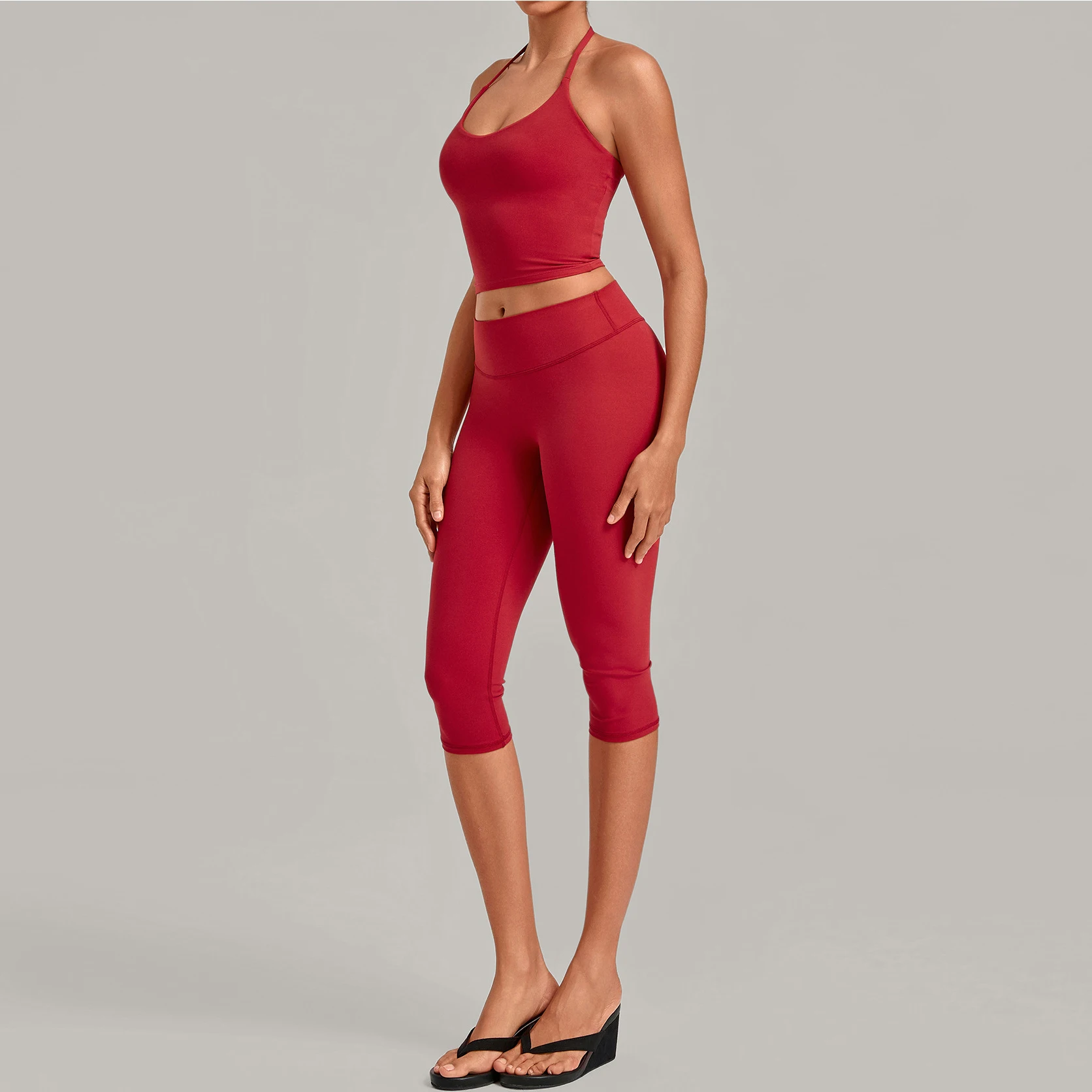 Women 2 PCS Yoga Sets Halter Neck Crop Tank Top High Waist Capri Leggings Fitness Workout Outfits Gym Pilates Sports Suit