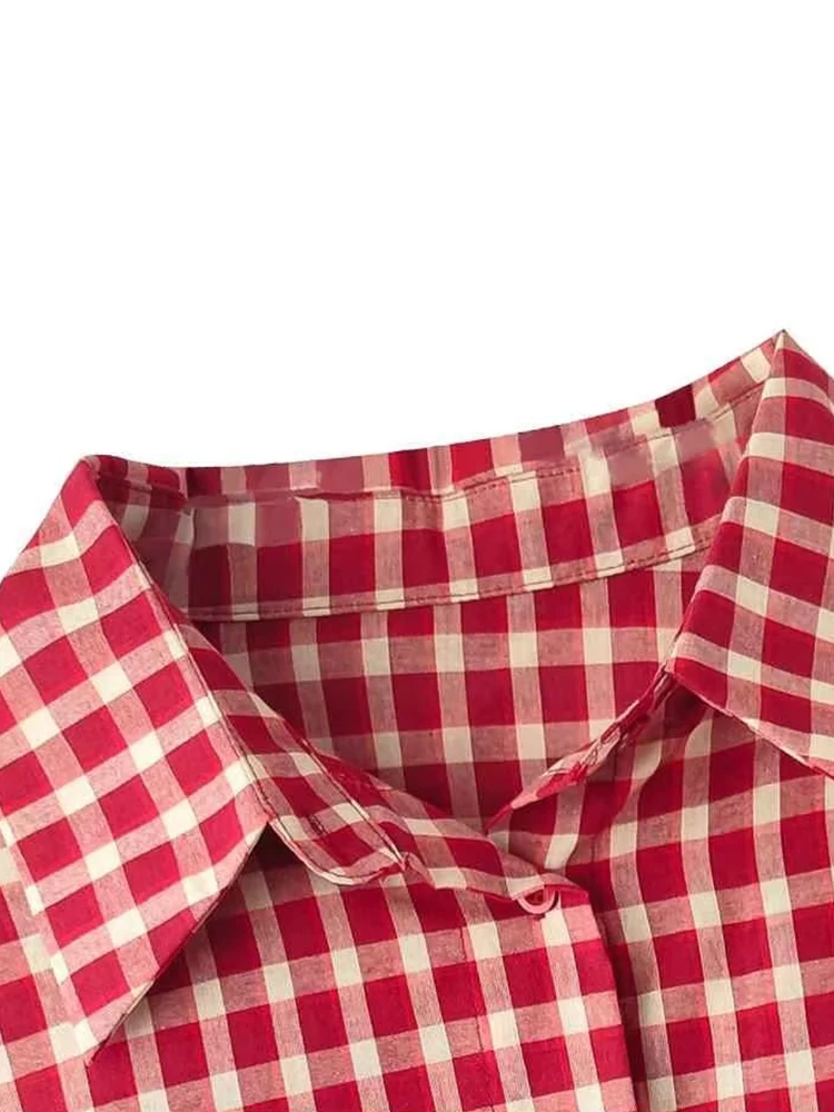Women New Vintage Red Plaid Shirt Turn-down Collar Over Long Sleeve Streetwear Loose Patchwork Harajuku Blouses 2026 Y2k Autumn