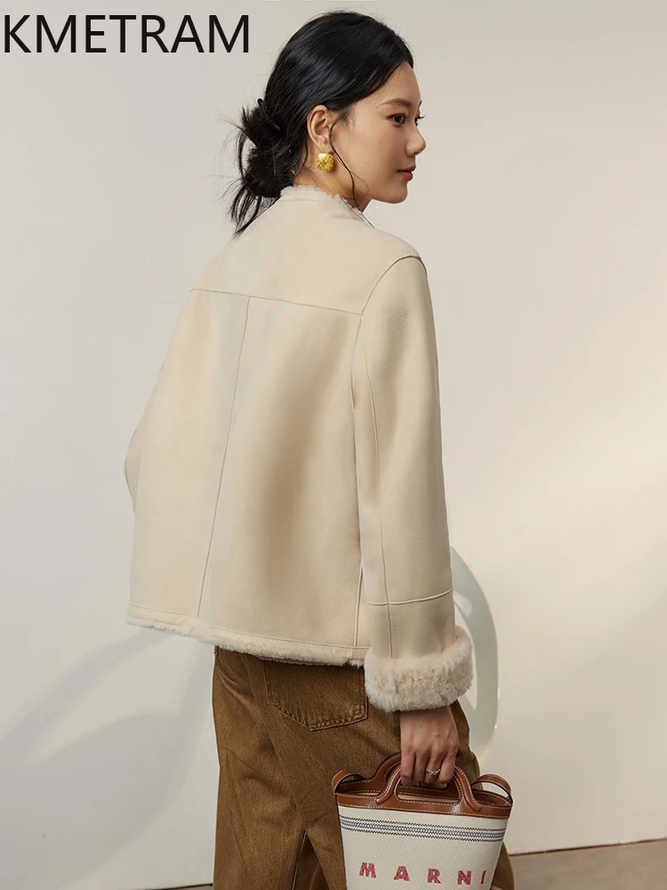 Kurtka damska z prawdziwego futra z owczej skóry merino, dwustronna, krótka, beżowa, naturalna wełna, odzież zimowa damska, futro 2025