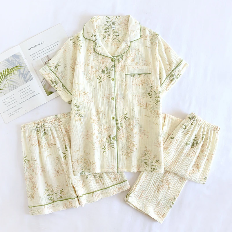 

3-Piece Women’s Cotton Double Gauze Pajama Set, Japanese Countryside Style, Short Sleeve + Long Pants, Lightweight & Breathable