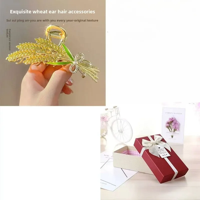 Golden Ear Grab Clip Rhinestone Bow Luxury Alloy Hair Claw Senior Birthday Gift for Girlfriend Mother Headdress.