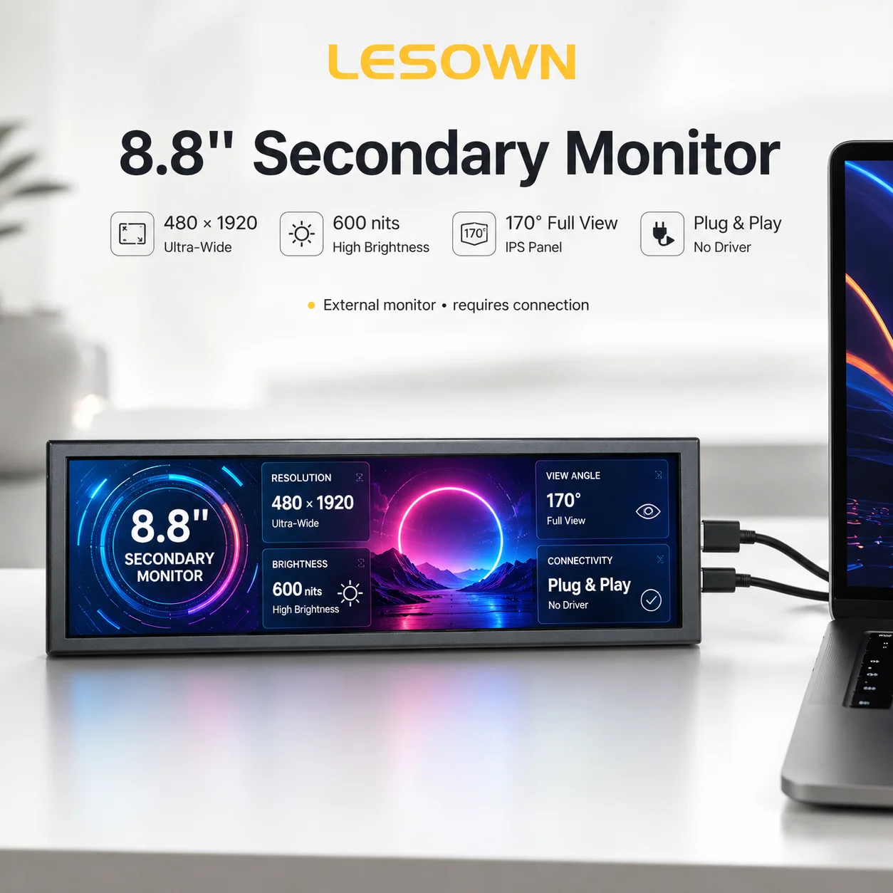 LESOWN 8.8/12.6 Inch Touch Ultra Wide Bar Monitor 1920x480 IPS Stretched LCD Display Portable Long Secondary Screen for Windows