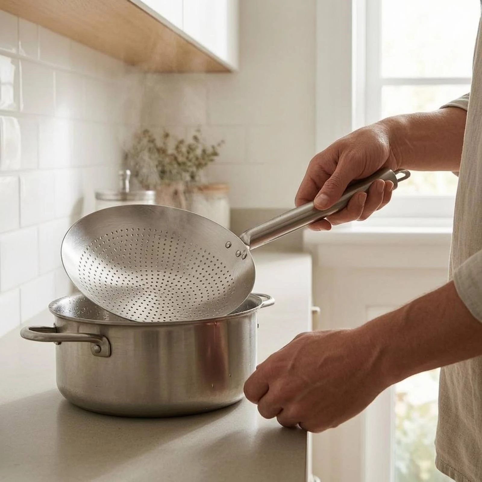 Stainless Steel Skimmer Spoon Sturdy Deep Frying Skimmer Fryer Scoop Easy to Clean Cooking Tool Dishwasher Safe for Boiling