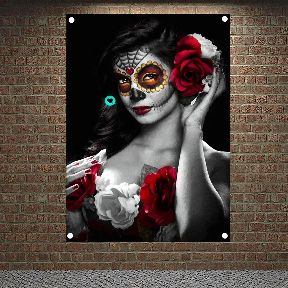 Catrinas Art Rose Girl Flag Banner Canvas Painting Wall Hanging Gothic Tattoo Art Posters Wall Sticker Home Decor Tapestry