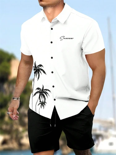 Imagen 2 del producto ¡Novedades de verano! Camisa de manga corta para hombres y pantalones cortos de 2 piezas, conjunto de pantalones cortos con cordón de playa con estampado de árbol de coco a la moda