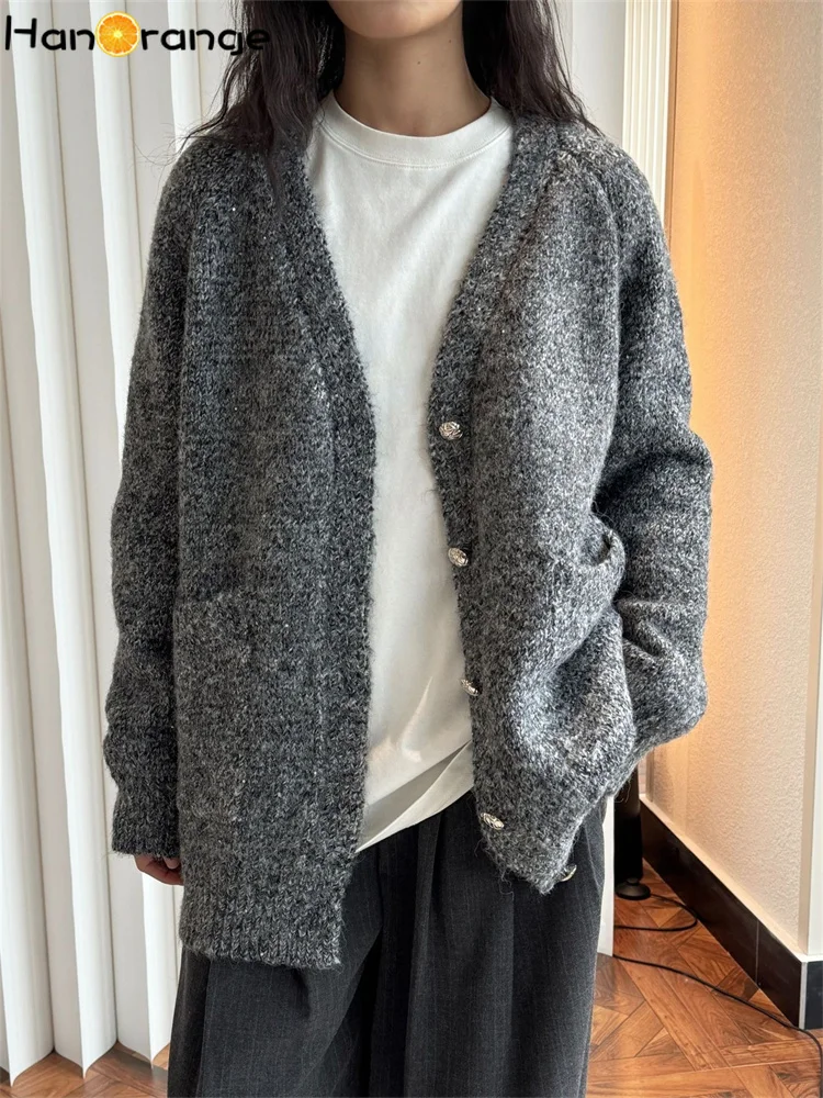 HanOrange 2024 Early Spring Holiday Lazy V-neck Glitter Wool Knitted Cardigan Women Soft and Thick Sweater Top Dark Snow Gray