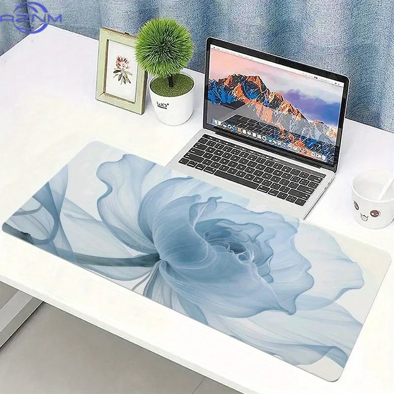 One Piece of Artistic Mouse Pad Featuring a Blue Floral Design, an Elegant Flower Pattern, an Extended Non-Slip Desk Mat Suitabl