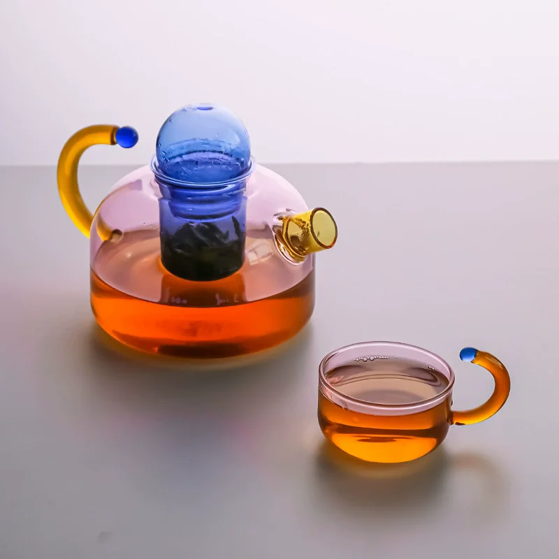 1pot 2cup Heat Resistant Glass Teapots Color Contrast Tea Water Separation Household Teaware Tea Sets Cooking Teapot Water Cup