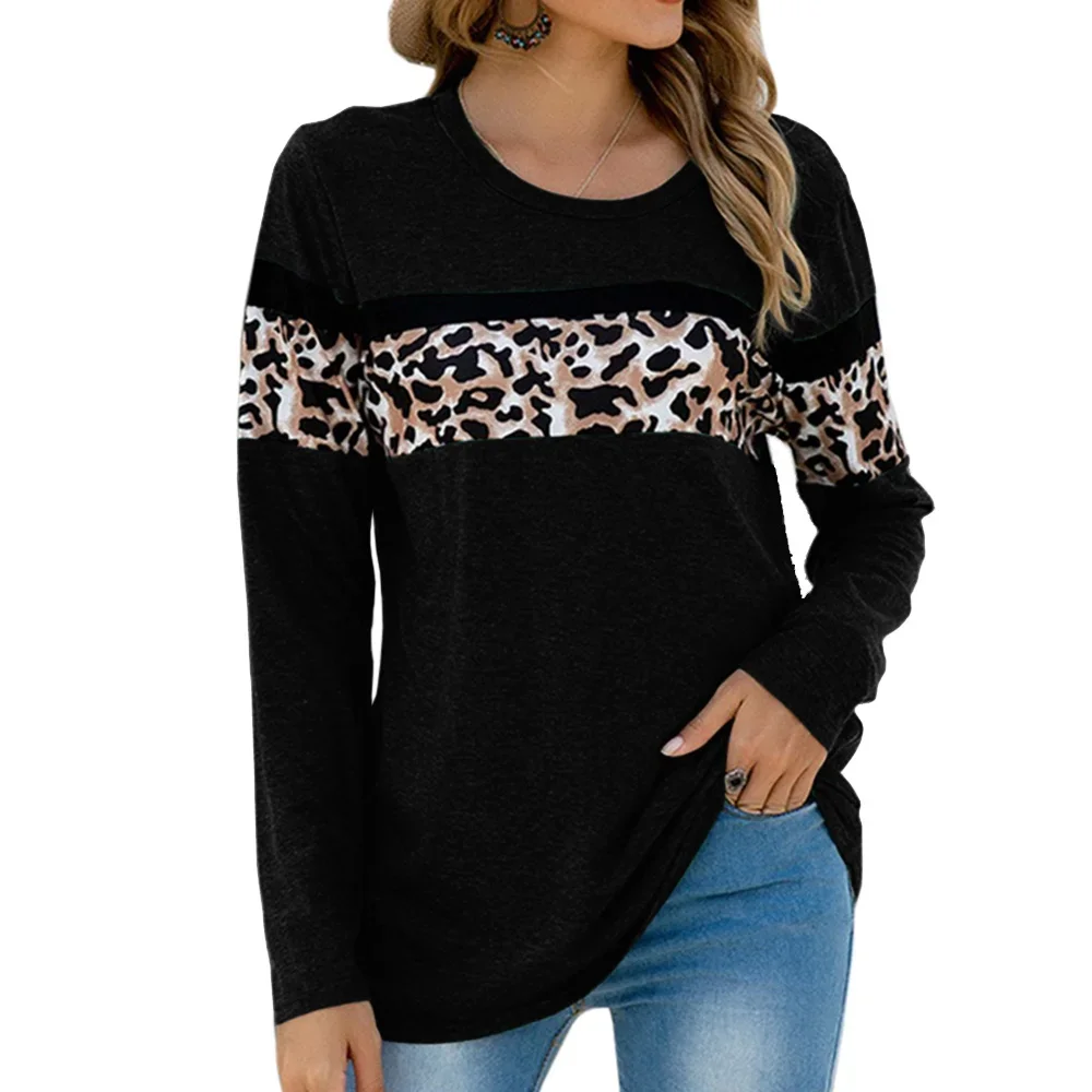 Spring and Autumn Women Fashion Round Neck Patchwork Leopard Print T-Shirt Casual Fashion Pullover Long Sleeve Loose Tops