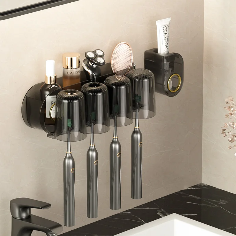 Toothbrush Rack Wall-mounted Punch-free Thickened Compartment Multi-functional Bathroom Drain Light Luxury Toothbrush Holder