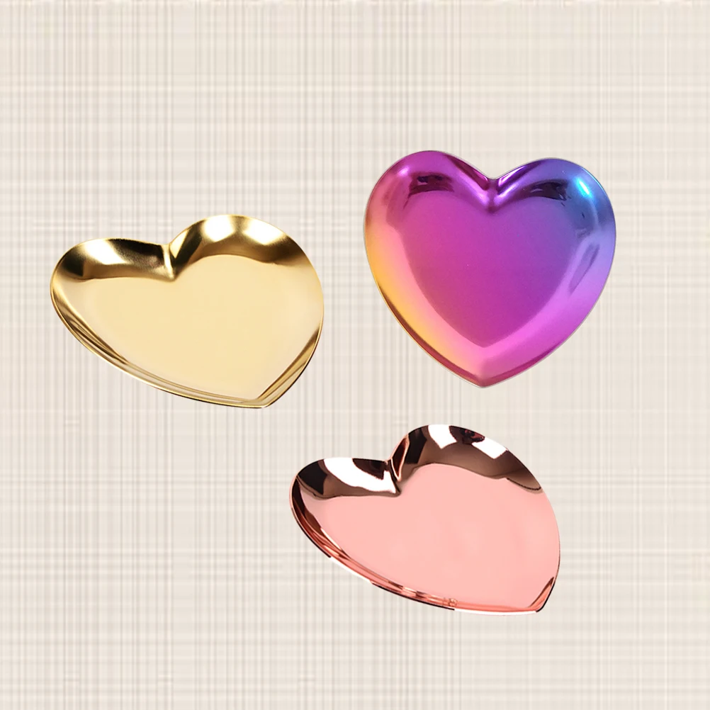 

3pcs Heart Shape Jewelry Dish Stainless Steel Trinket Tray Earrings Storage Ornament Metal Display Plate Home Bedroom Bathroom