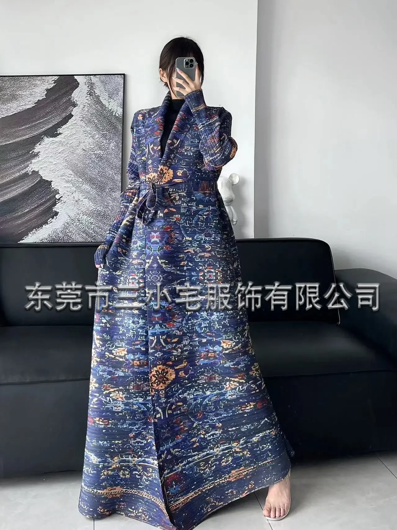 Pleats Robe Long Trench Coat 2024 Summer New Arabian Robe Pleats Peplum Long Sleeve Coat Jacket Cape Printed Women Clothing