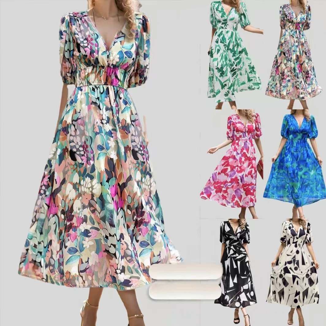 

High Quality Luxury Design Dress 2025 Elegant Waist Cinching V-neck Printed Elastic Waist Maxi Sexy Dress Women Clothing Vestido