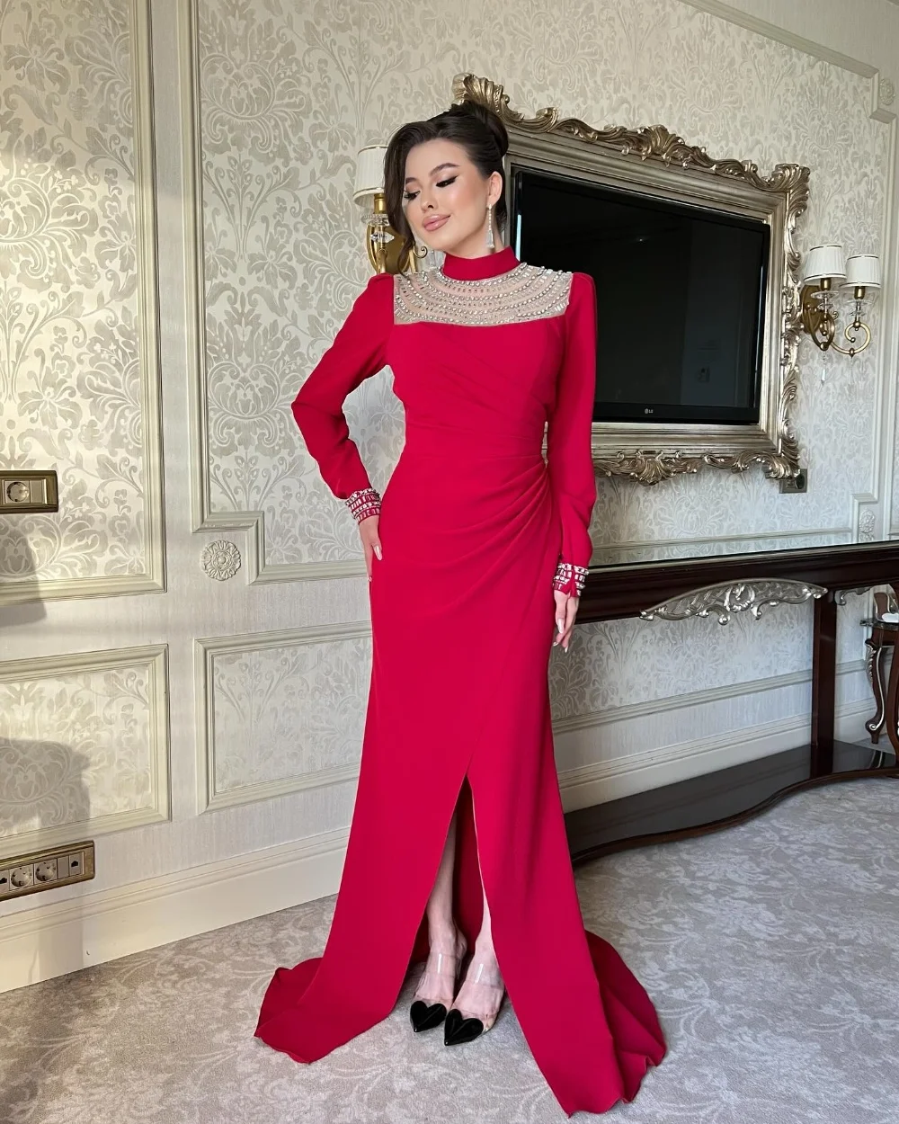 

Customized Sparkle Retro Jersey Rhinestone Pleat Mermaid High Collar Long Dresses Bespoke Occasion Dresses High Quality Fashion