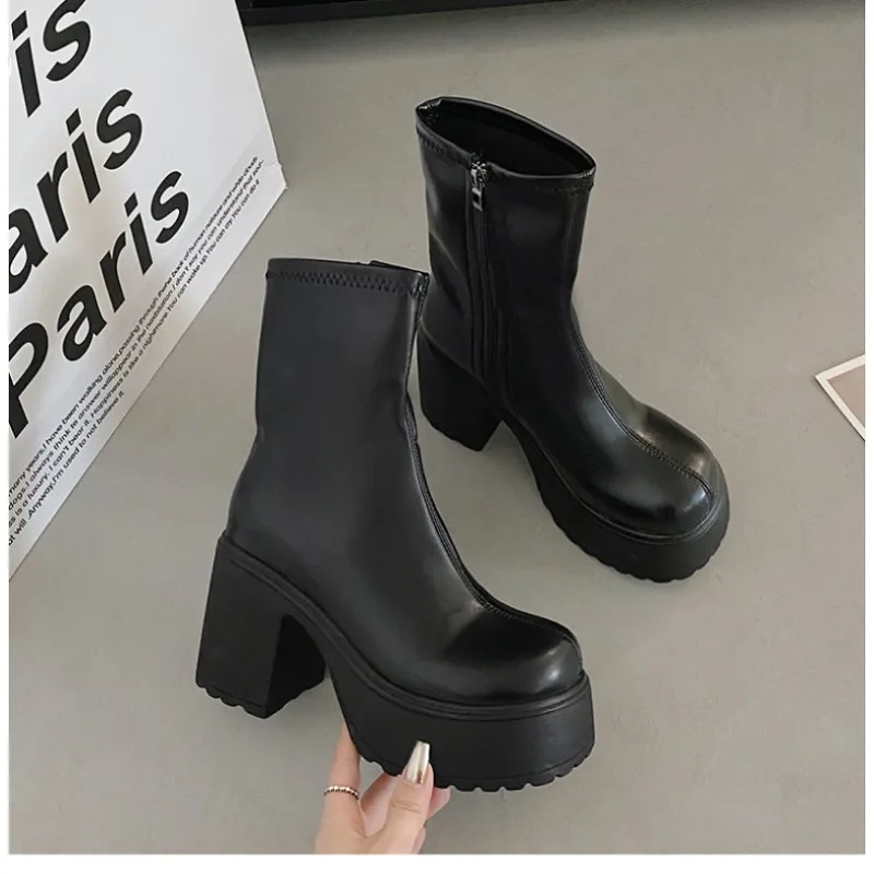 New Chunky Platform Ankle Boots Women Vintage Big Toe High Heels Short Boots Woman Zipper Thick Heel Pu Leather Botas De Mujer