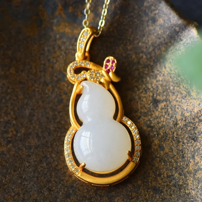 SGARIT Authentic Jadeite Hetian Mutton Fat White Jade S925 Silver Inlay 16*35mm Gourd Hulu Pendant Wealth Attraction Necklace