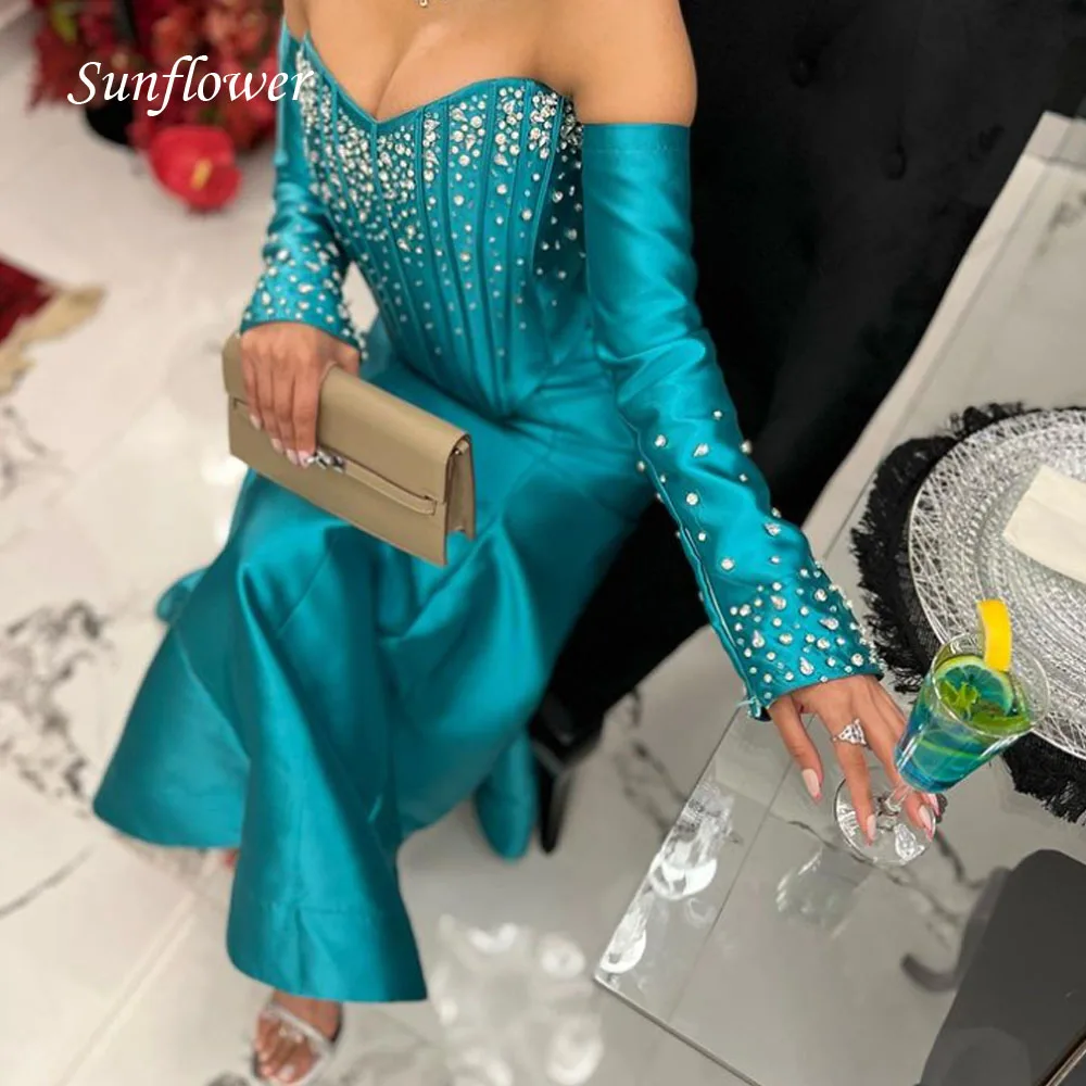 Sunflower Boat Neck Prom Gown Mermaid Long Sleeve Evening Dress Slim Beading Satin Floor-Length Party Dress 2023 High-end Custom