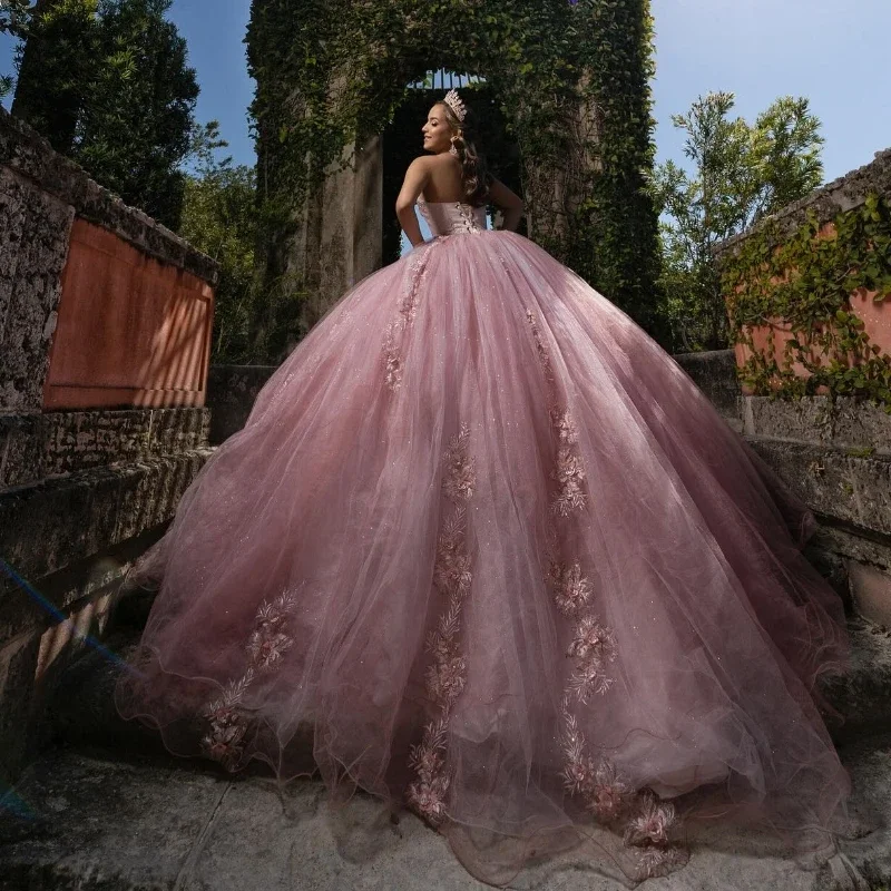 Brilhante princesa rosa Quinceanera Vestidos, querida Applique, Tull de renda, Floral 3D, Formatura, Vestidos de festa