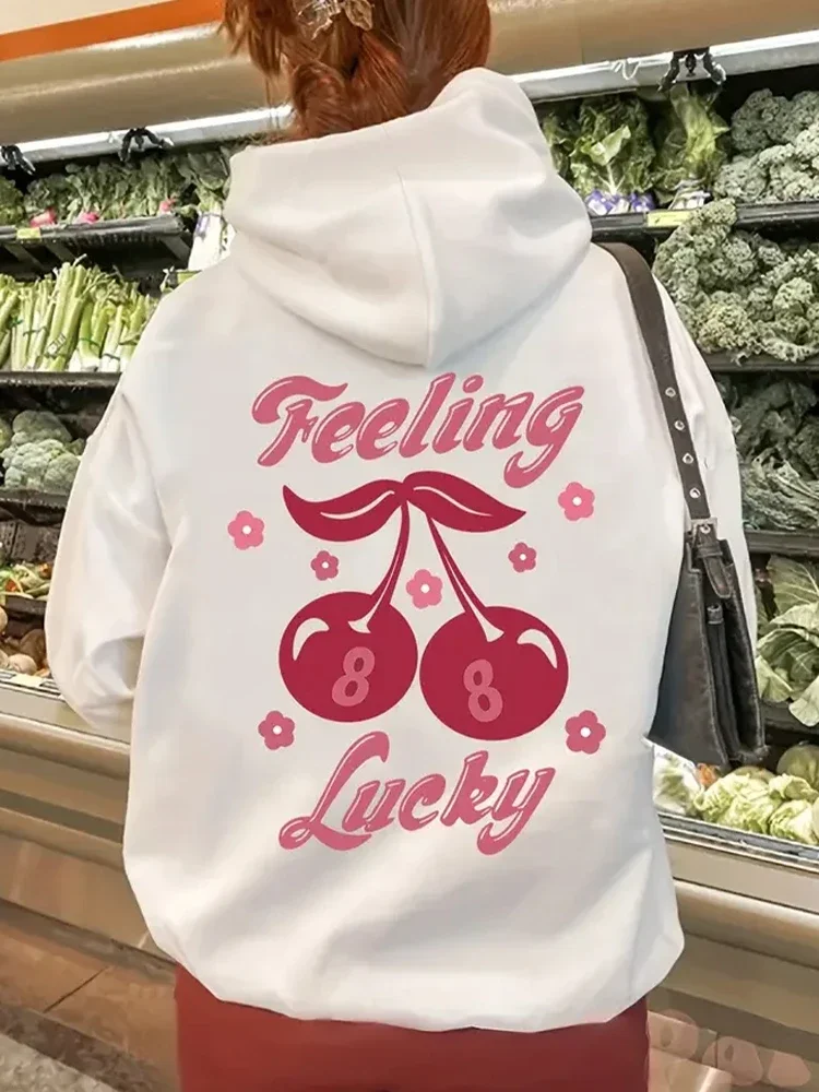 Damska bluza z kapturem Cherry Feeling Lucky Graphic Casual Pocket Long Sleeve Drawstring Hoodies Y2k Bluza Odzież damska