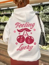 Women's Cherry Feeling Lucky Graphic Hoodie Casual Pocket Long Sleeve Drawstring Hoodies Y2k Sweatshirt Women's Clothing